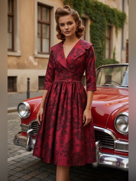 Pinup Couture Dresses & Skirts - Pinup Couture Red Floral Satin Fit & Flare Midi Dress Small Made in USA